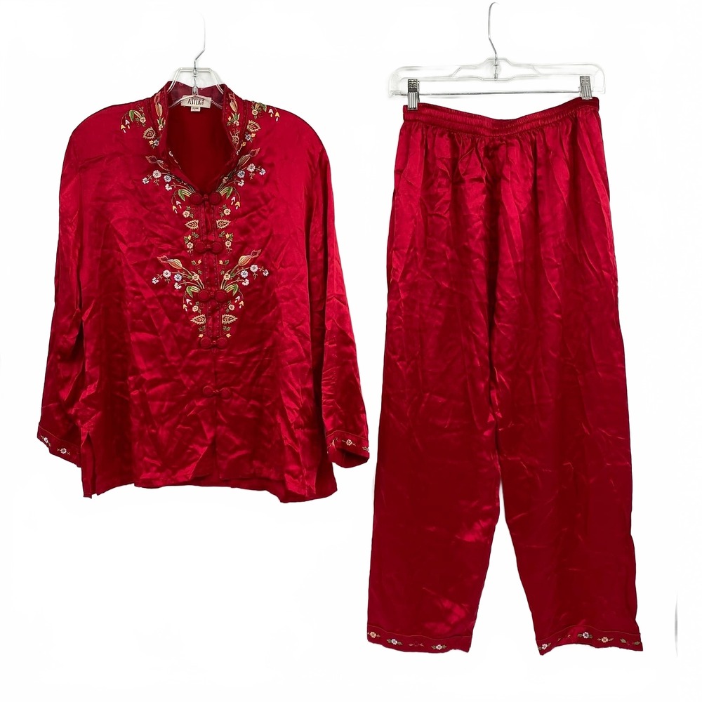 Asilk Red Silk Blouse Pant Set | Women’s L Regular Embroidered Details